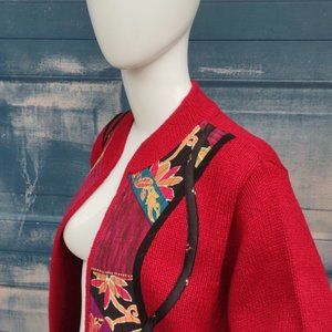 Koos Of Course Long Cardigan Duster Red Silk Blend w/Floral Accents
